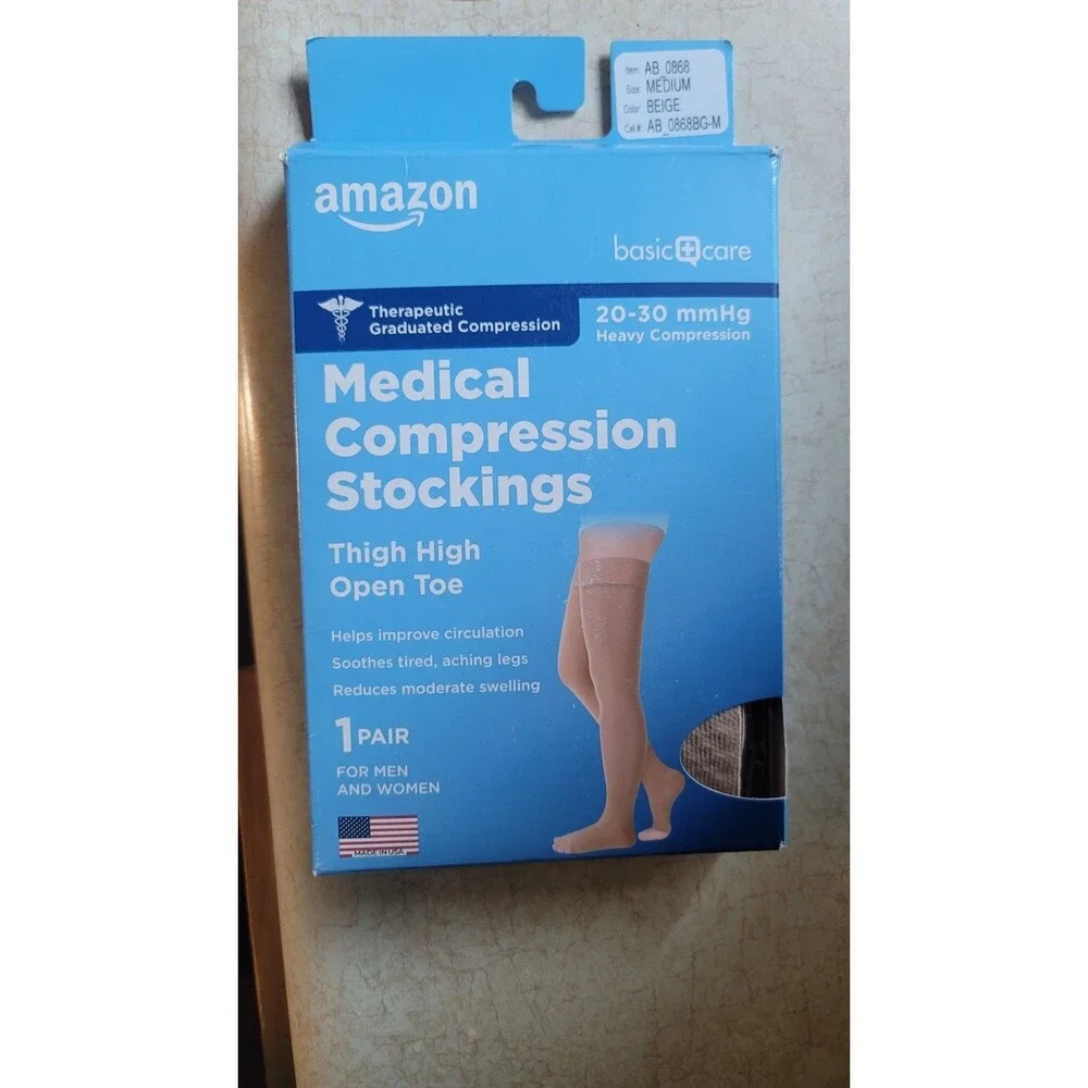 Amazon Medical Compression Stockings 20 - 30 mmHg Beige Thigh High Open Toe 2XL